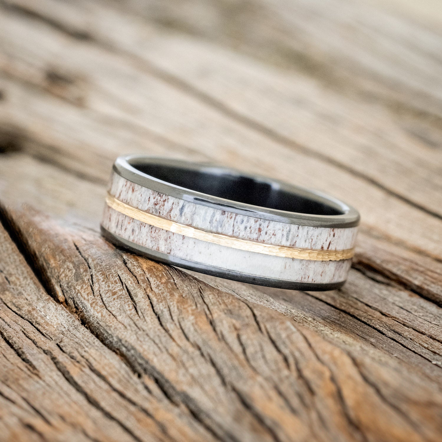 "DYAD" - ANTLER & HAMMERED 14K GOLD INLAY WEDDING BAND-5