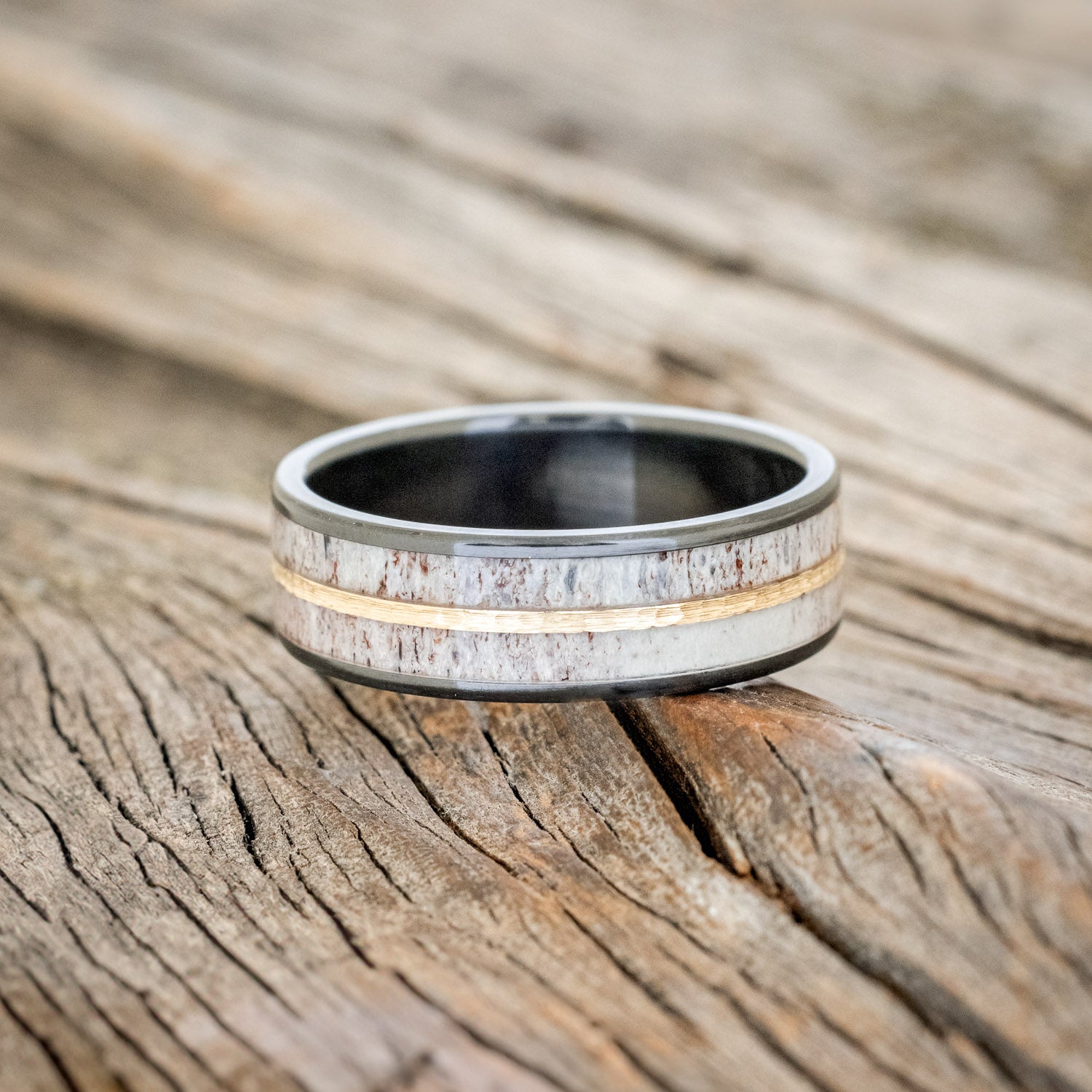 "DYAD" - ANTLER & HAMMERED 14K GOLD INLAY WEDDING BAND-6