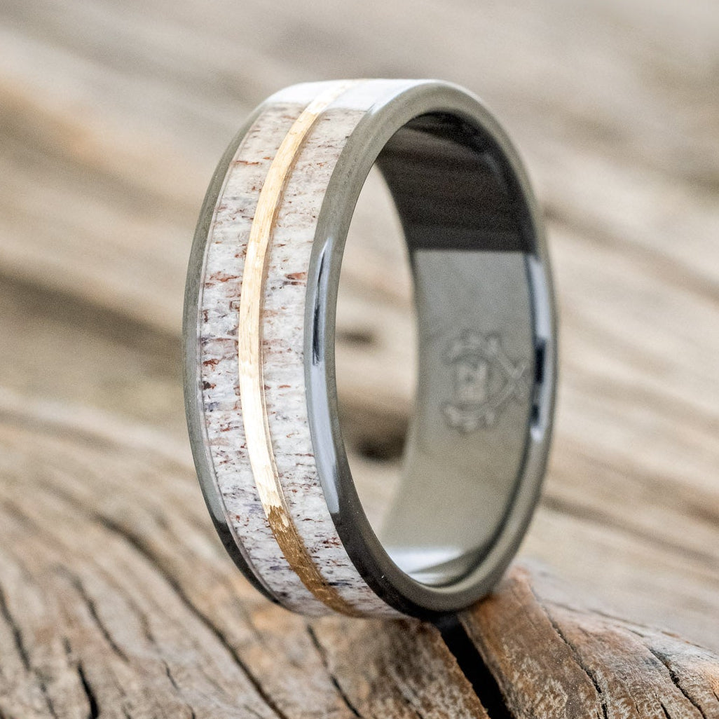 "DYAD" - ANTLER & HAMMERED 14K GOLD INLAY WEDDING BAND-4
