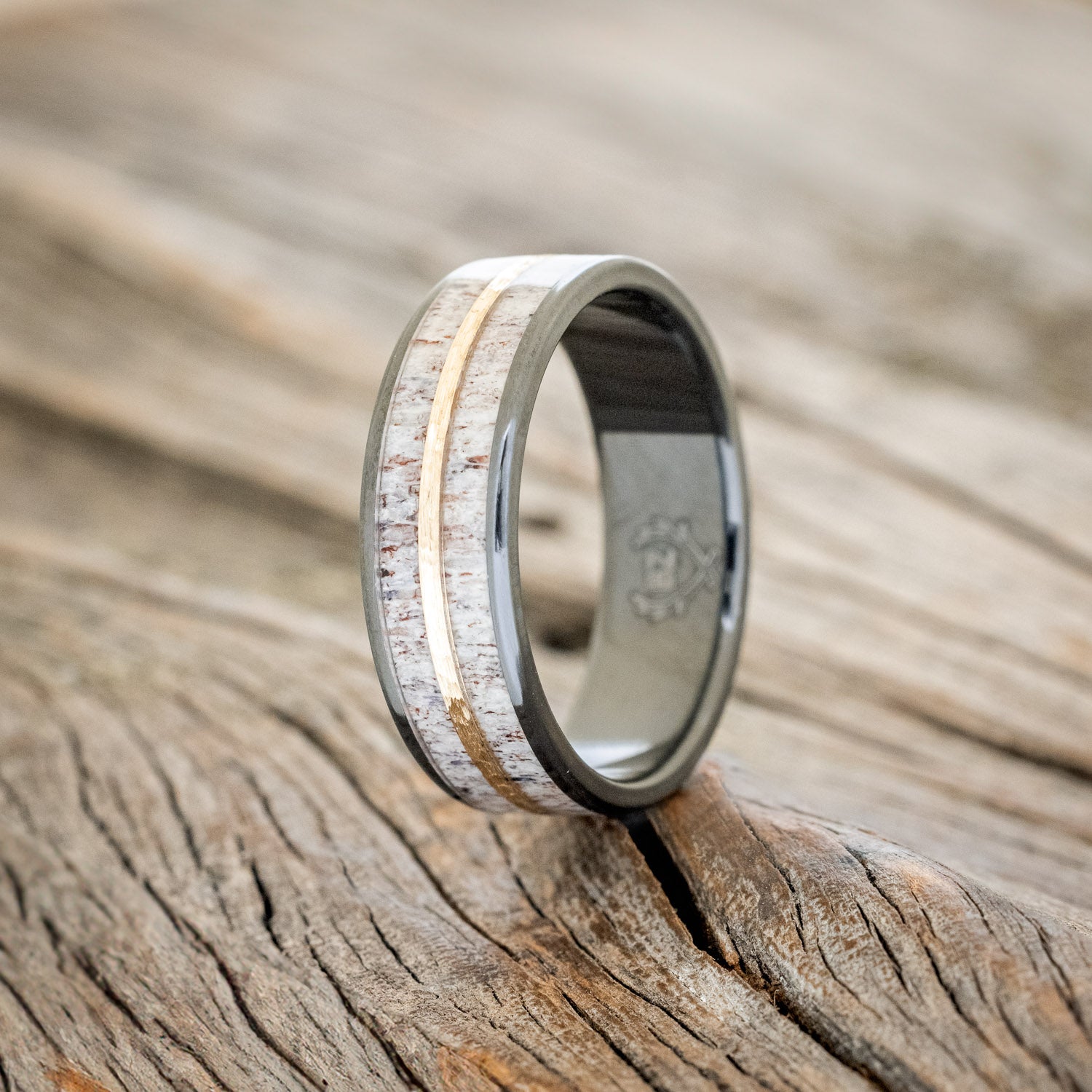 "DYAD" - ANTLER & HAMMERED 14K GOLD INLAY WEDDING BAND-4