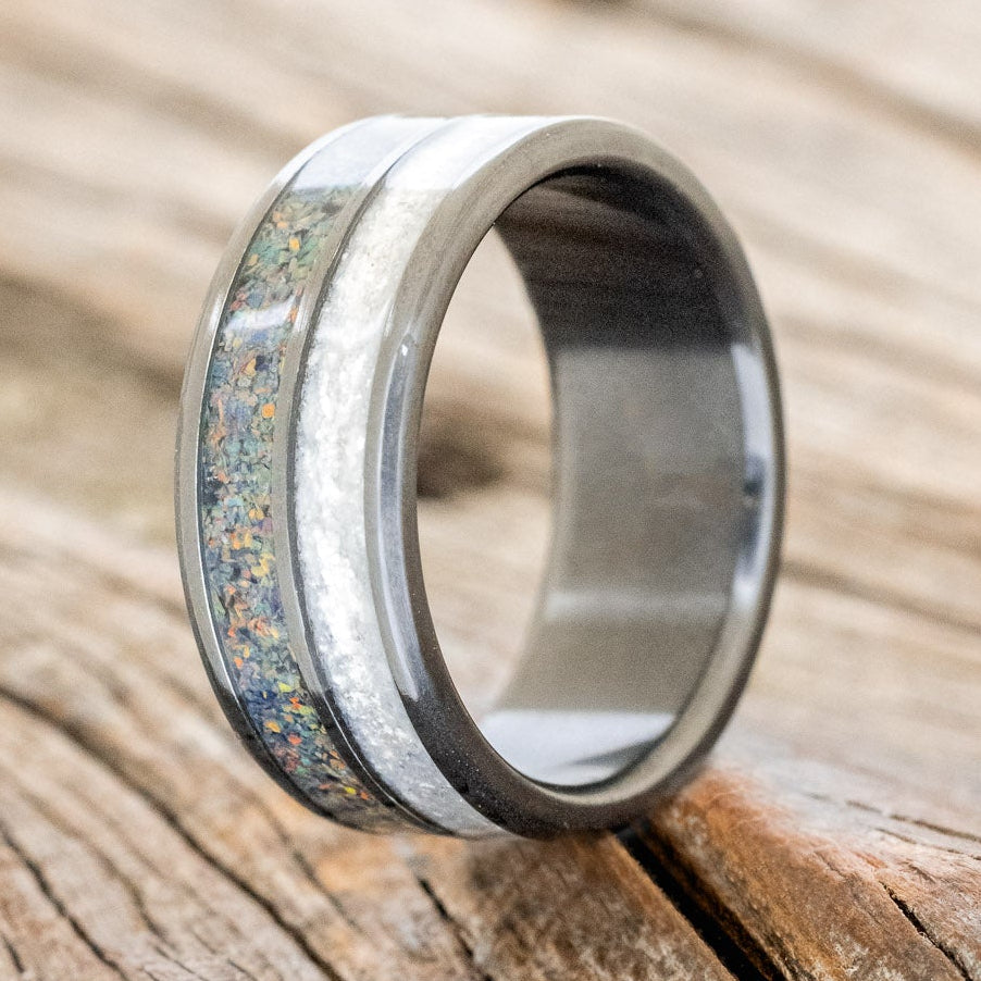 "DYAD" - DIAMOND DUST & BLACK FIRE OPAL WEDDING BAND - READY TO SHIP-7