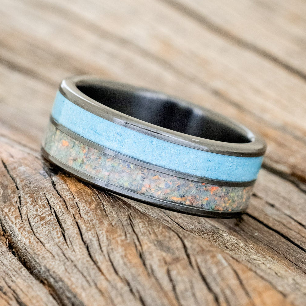 "DYAD" - FIRE AND ICE OPAL & TURQUOISE WEDDING BAND-5