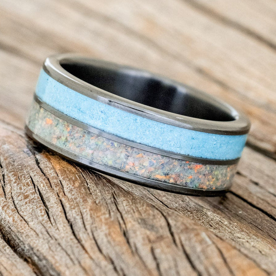 "DYAD" - FIRE AND ICE OPAL & TURQUOISE WEDDING BAND-5