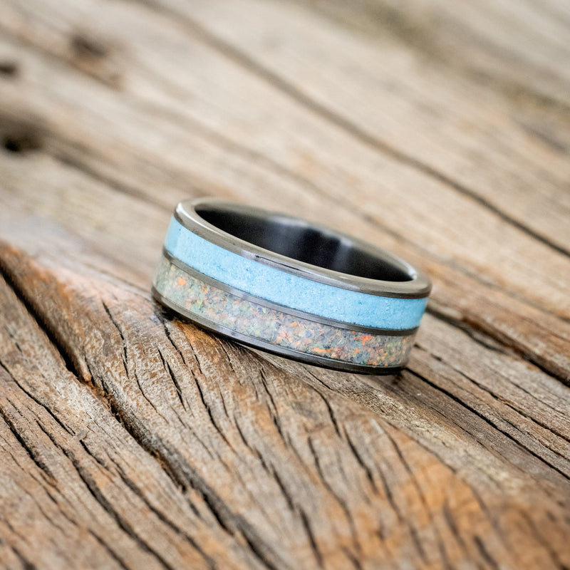 "DYAD" - FIRE AND ICE OPAL & TURQUOISE WEDDING BAND - READY TO SHIP-5