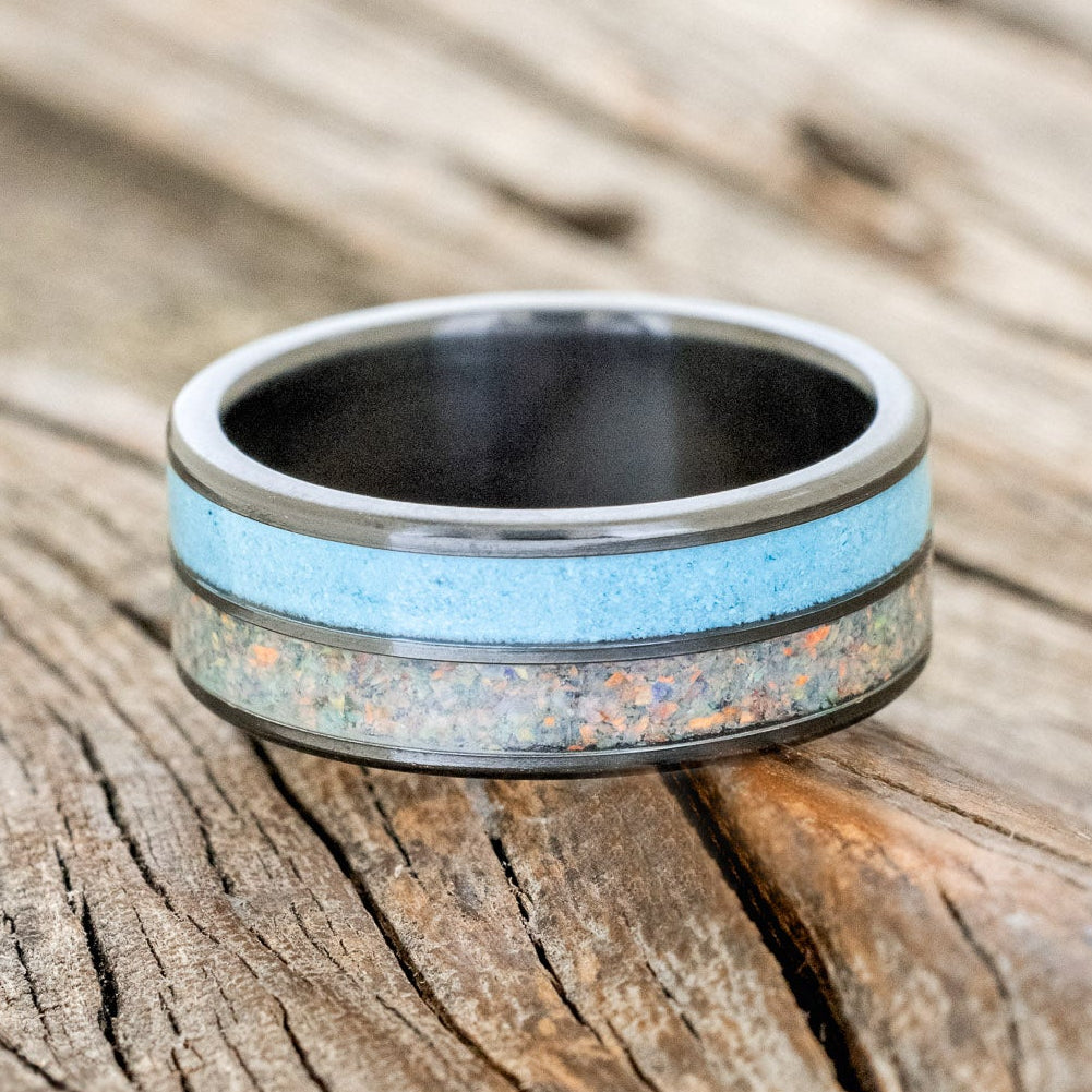 "DYAD" - FIRE AND ICE OPAL & TURQUOISE WEDDING BAND-6