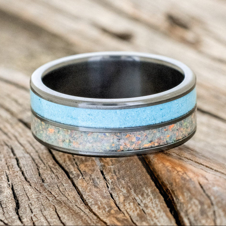 "DYAD" - FIRE AND ICE OPAL & TURQUOISE WEDDING BAND-6