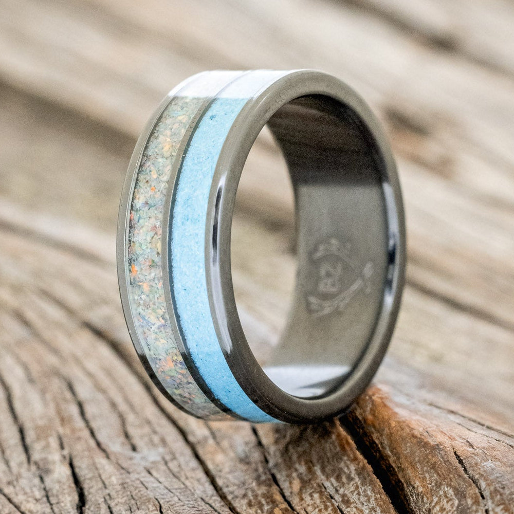 "DYAD" - FIRE AND ICE OPAL & TURQUOISE WEDDING BAND-4