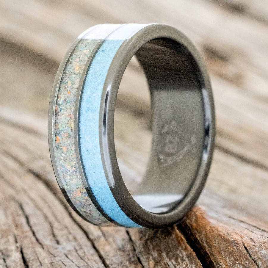 "DYAD" - FIRE AND ICE OPAL & TURQUOISE WEDDING BAND-4
