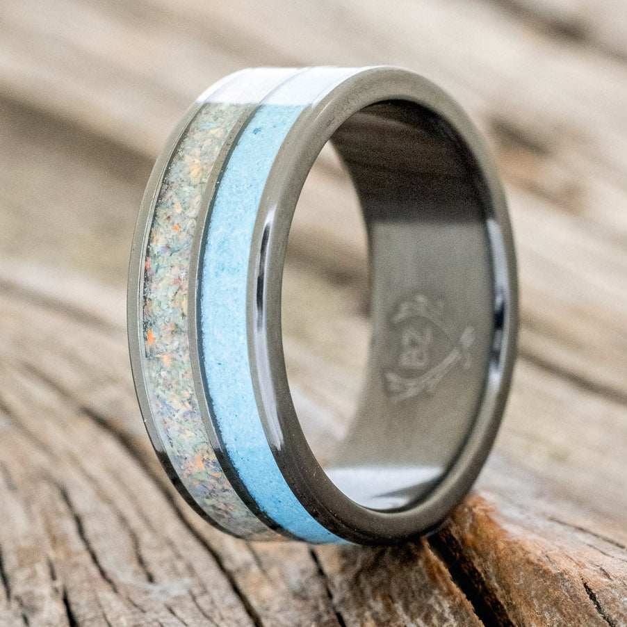 "DYAD" - FIRE AND ICE OPAL & TURQUOISE WEDDING BAND - READY TO SHIP-4