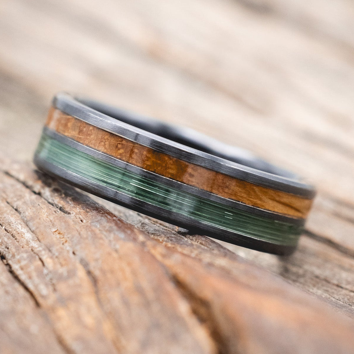 "DYAD" - WHISKEY BARREL OAK & CLEAR GREEN FISHING LINE INLAY WEDDING BAND IN A BRUSHED FINISH-Staghead Designs