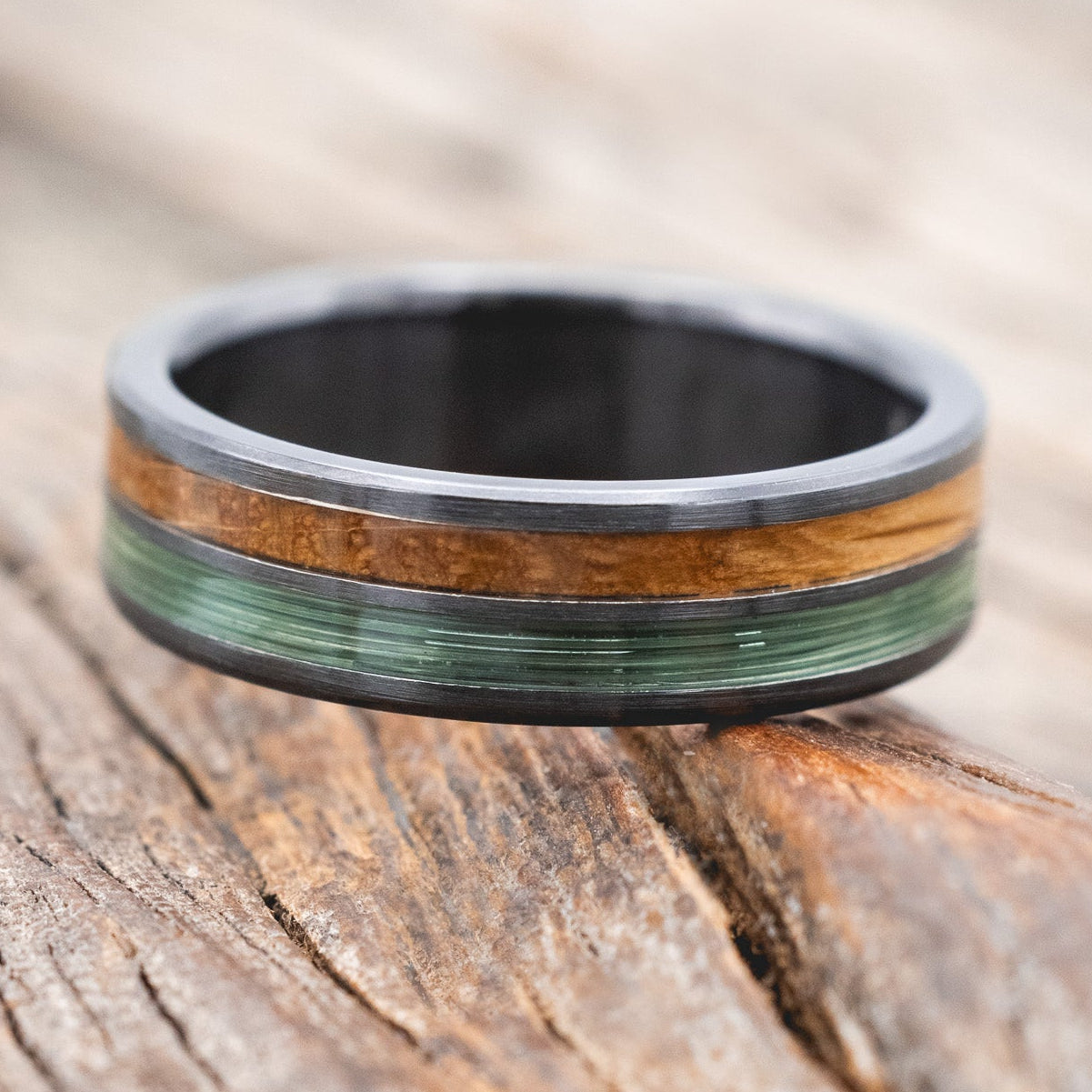 "DYAD" - WHISKEY BARREL OAK & CLEAR GREEN FISHING LINE INLAY WEDDING BAND IN A BRUSHED FINISH-Staghead Designs