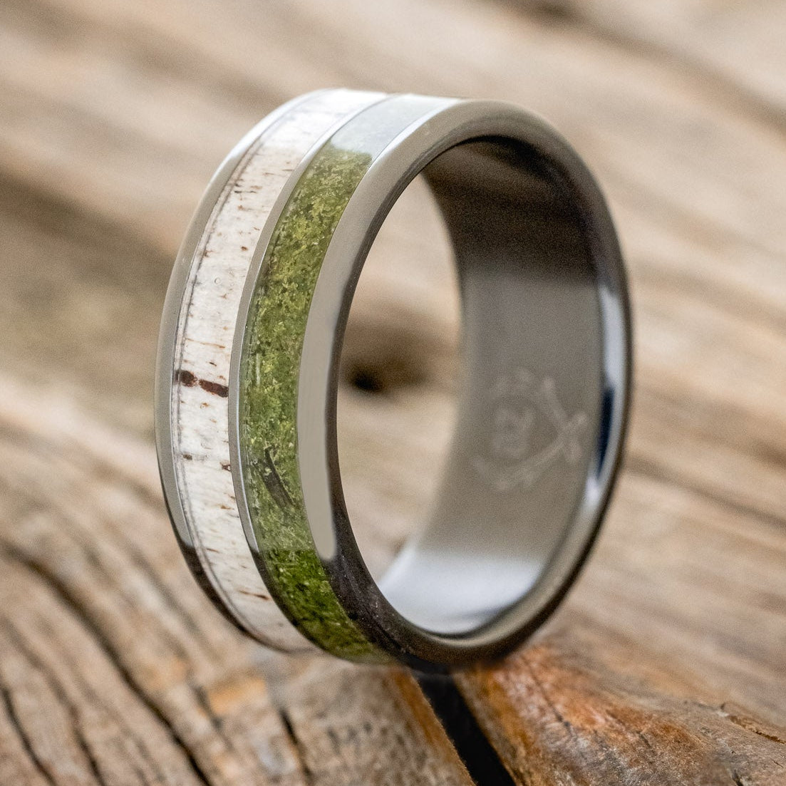 MATCHING SET OF "ZELLA" MOSS AGATE & "DYAD" MOSS & ANTLER INLAY WEDDING RINGS-10