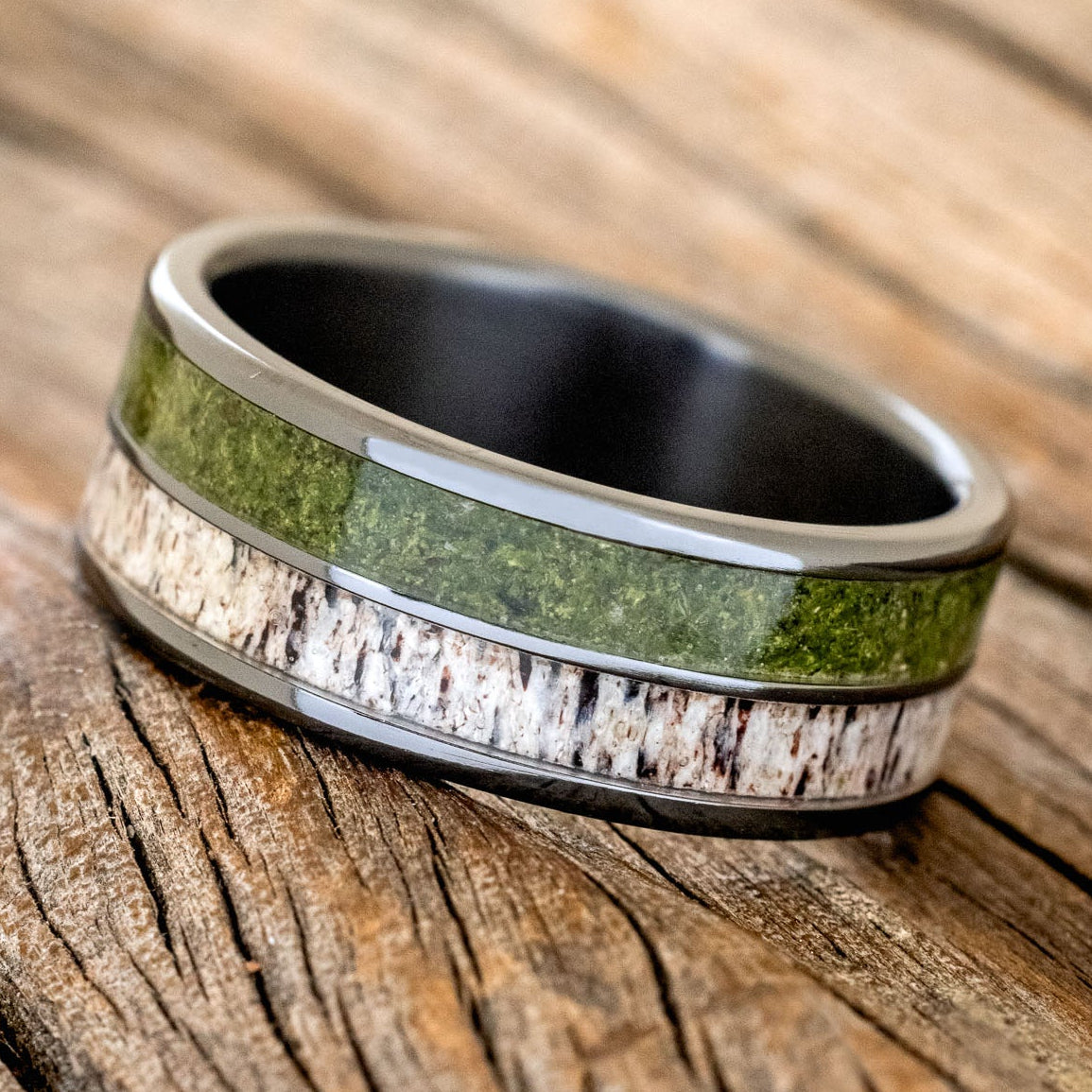 MATCHING SET OF "ZELLA" MOSS AGATE & "DYAD" MOSS & ANTLER INLAY WEDDING RINGS-11