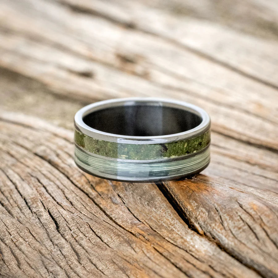 "DYAD" - MOSS & FISHING LINE WEDDING RING WITH HAMMERED FINISH - BLACK ZIRCONIUM - SIZE 8 1/2-Staghead Designs