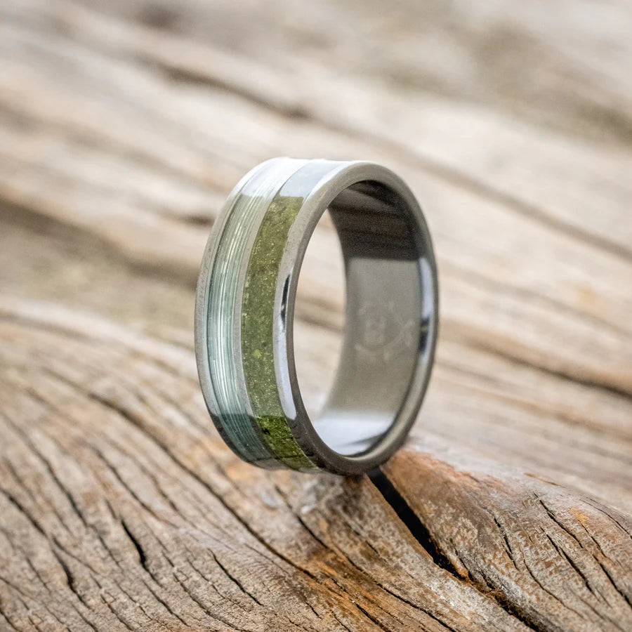 "DYAD" - MOSS & FISHING LINE WEDDING RING WITH HAMMERED FINISH - BLACK ZIRCONIUM - SIZE 8 1/2-Staghead Designs