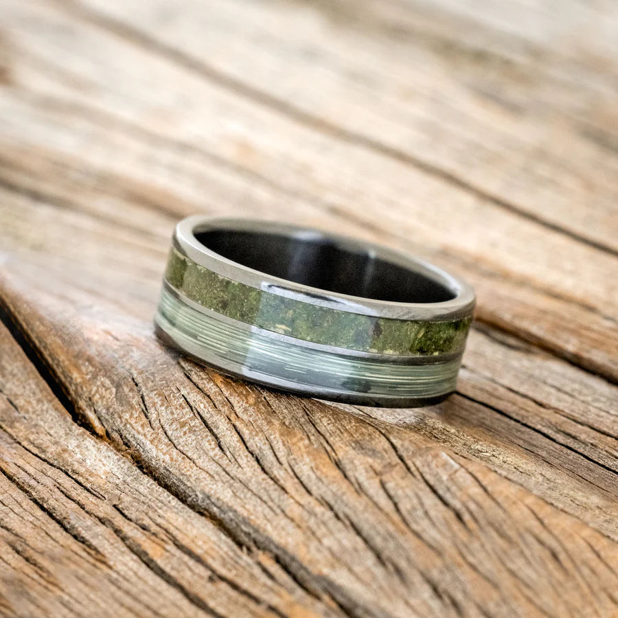 "DYAD" - MOSS & FISHING LINE WEDDING RING WITH HAMMERED FINISH - BLACK ZIRCONIUM - SIZE 8 1/2-Staghead Designs