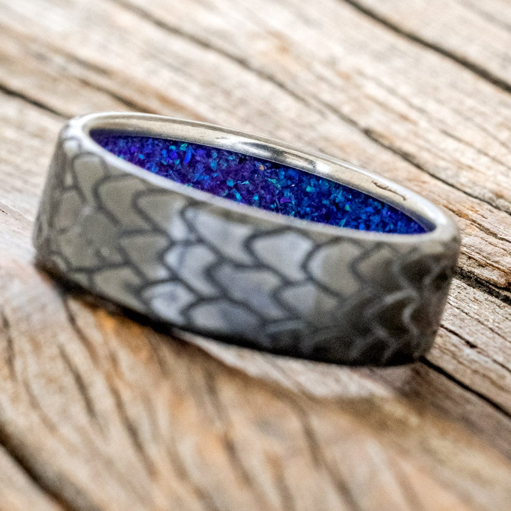 "Echo" - Dragon Scale Wedding Ring Featuring A Sleepy Lavender Opal Lined Band-Staghead Designs