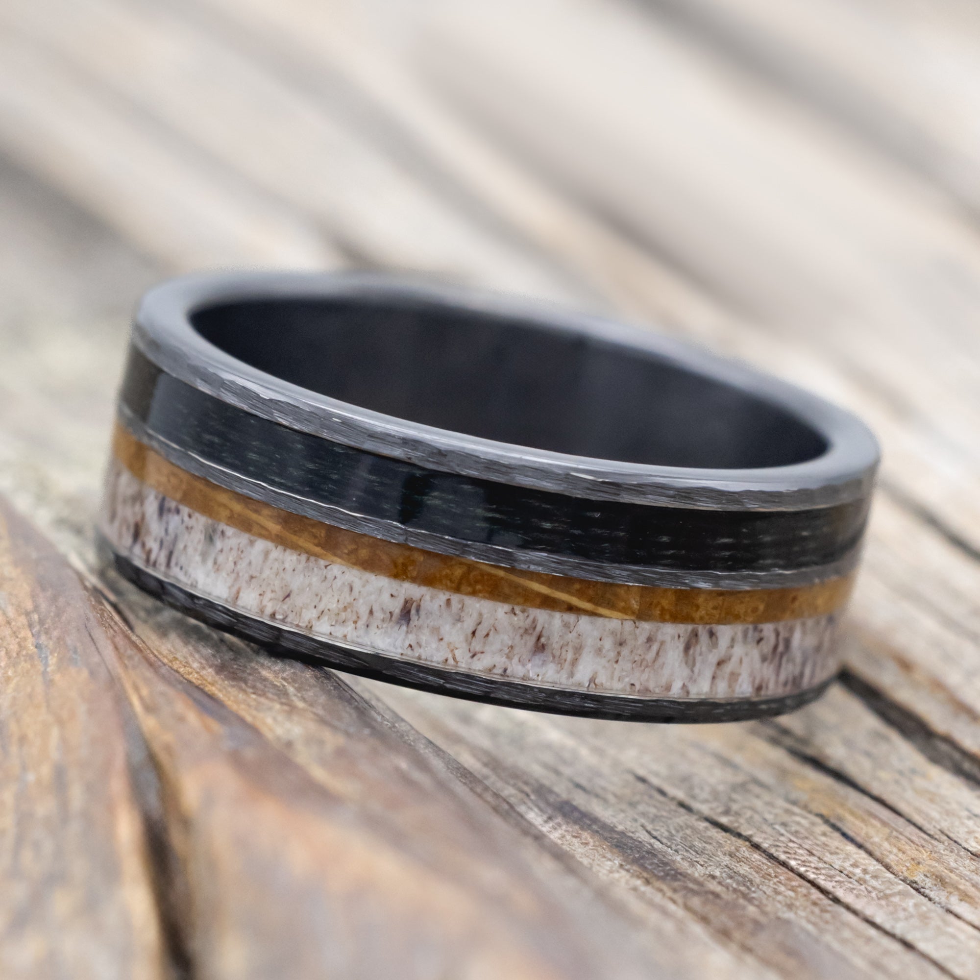 "ELEMENT" - FISHING LINE, ANTLER & WHISKEY BARREL WEDDING BAND IN A HAMMERED FINISH-Staghead Designs