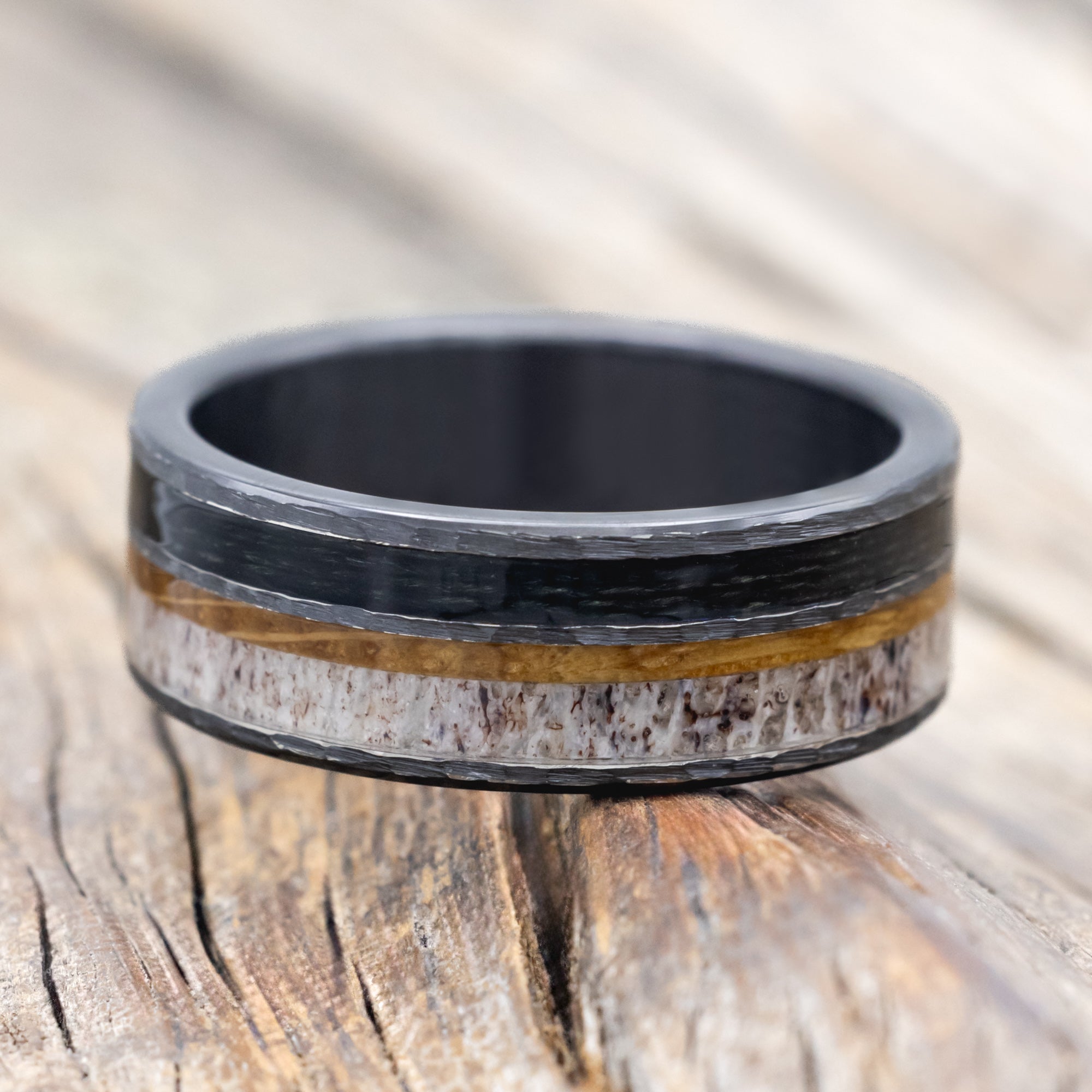 "ELEMENT" - FISHING LINE, ANTLER & WHISKEY BARREL WEDDING BAND IN A HAMMERED FINISH-Staghead Designs