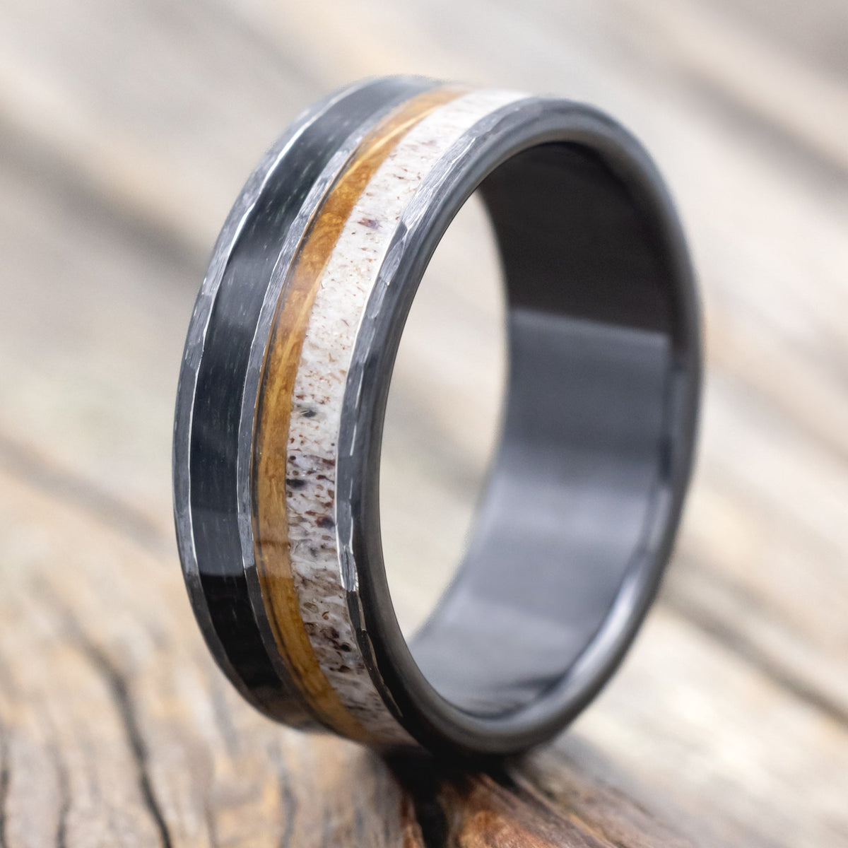"ELEMENT" - FISHING LINE, ANTLER & WHISKEY BARREL WEDDING BAND IN A HAMMERED FINISH-Staghead Designs