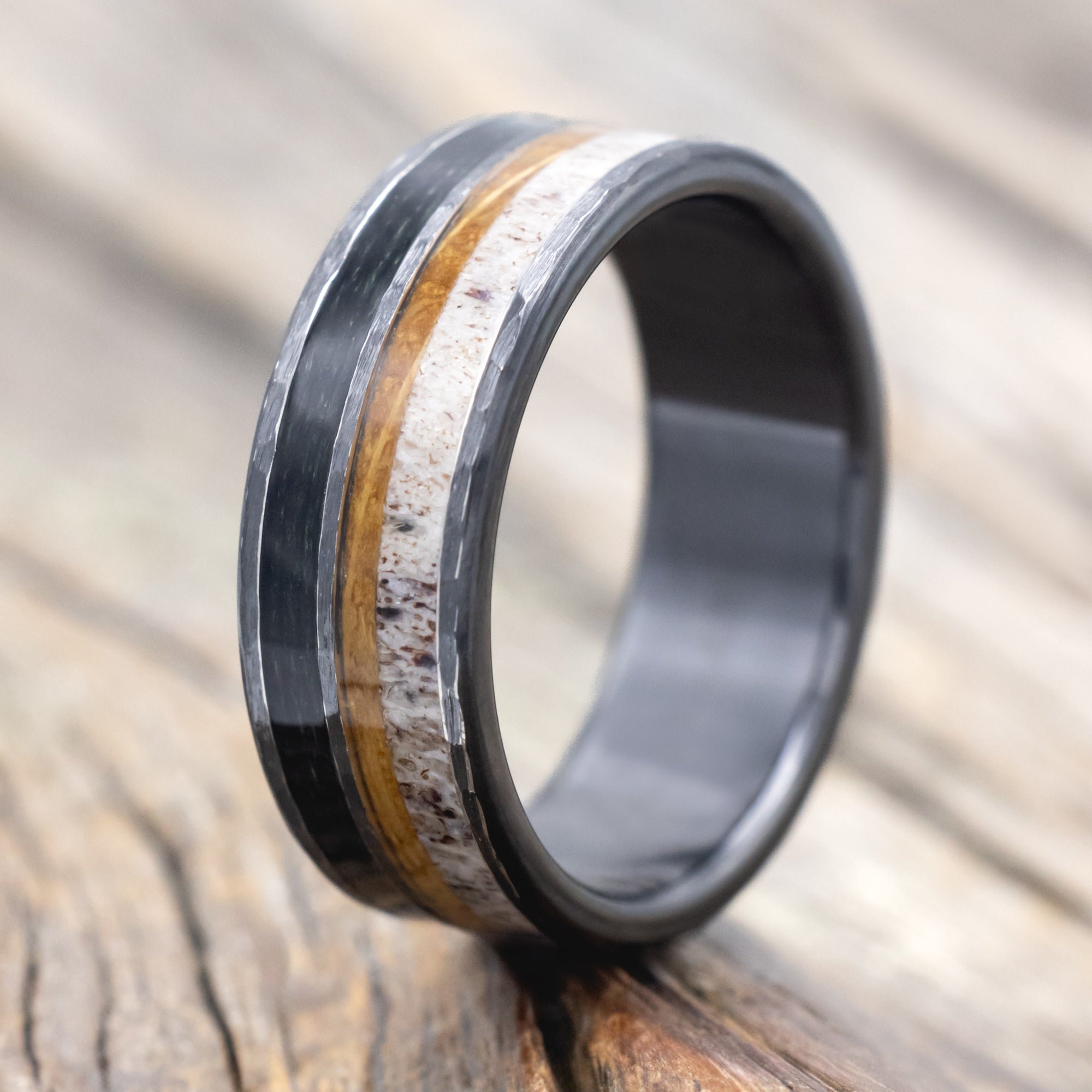 "ELEMENT" - FISHING LINE, ANTLER & WHISKEY BARREL WEDDING BAND IN A HAMMERED FINISH-Staghead Designs