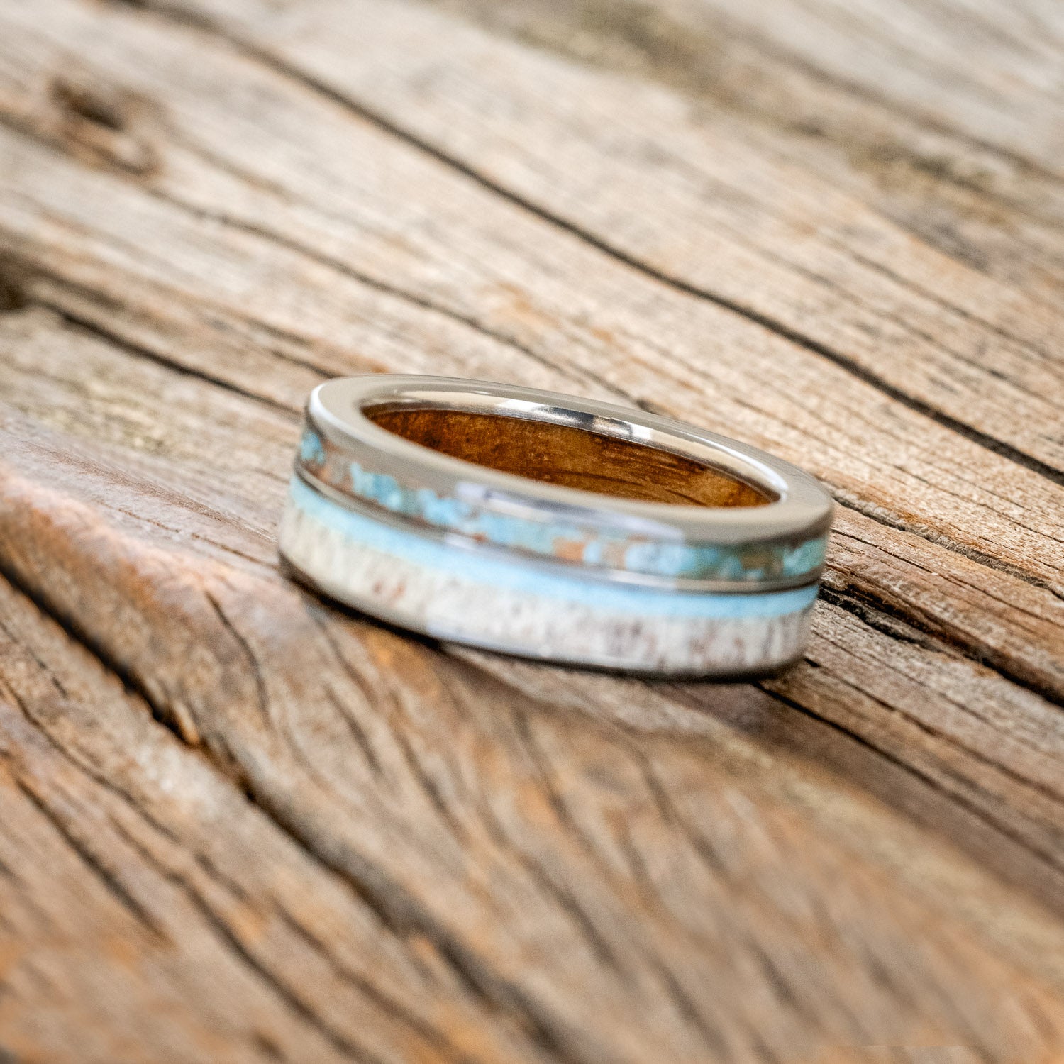 "ELEMENT" - WHISKEY BARREL OAK LINING WITH PATINA COPPER, ANTLER & TURQUOISE INLAYS WEDDING RING-5