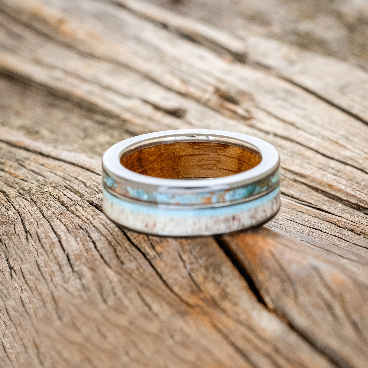 "ELEMENT" - WHISKEY BARREL OAK LINING WITH PATINA COPPER, ANTLER & TURQUOISE INLAYS WEDDING RING-6