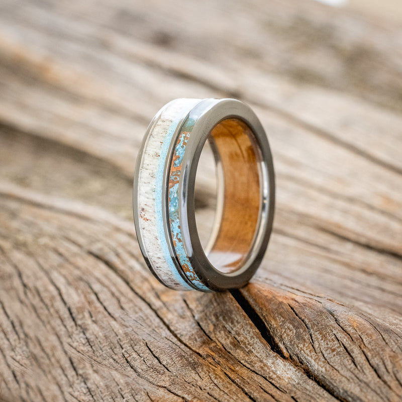 "ELEMENT" - PATINA COPPER, ANTLER & TURQUOISE WEDDING RING WITH IRONWOOD LINING - READY TO SHIP-1