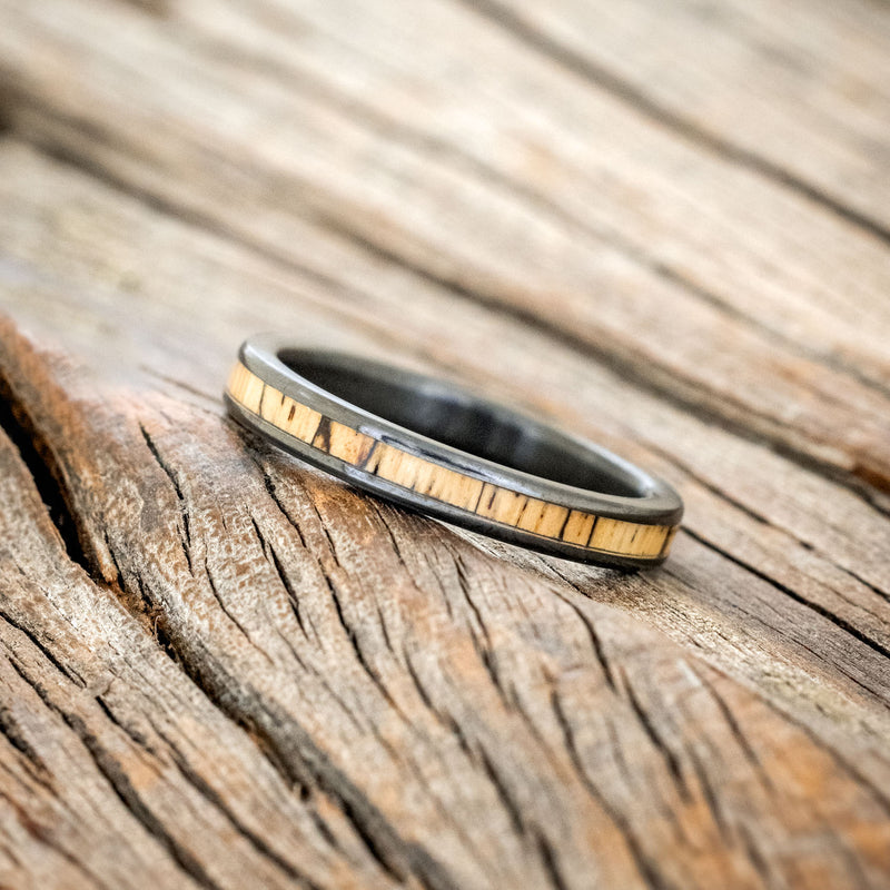 "EZRA" - MATCHING SET OF SPALTED MAPLE & JET STONE & OPAL MIX WEDDING BANDS-6