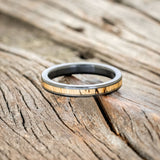 "EZRA" - MATCHING SET OF SPALTED MAPLE & JET STONE & OPAL MIX WEDDING BANDS-7