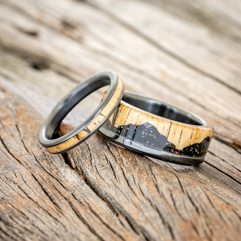 "EZRA" - MATCHING SET OF SPALTED MAPLE & JET STONE & OPAL MIX WEDDING BANDS-1