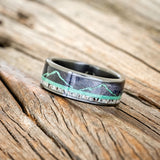 "THE EXPEDITION" - MOUNTAIN ENGRAVED WEDDING RING WITH DARK MAPLE, MALACHITE & ANTLER-5