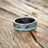 "THE EXPEDITION" - MOUNTAIN ENGRAVED WEDDING RING WITH DARK MAPLE, MALACHITE & ANTLER-6