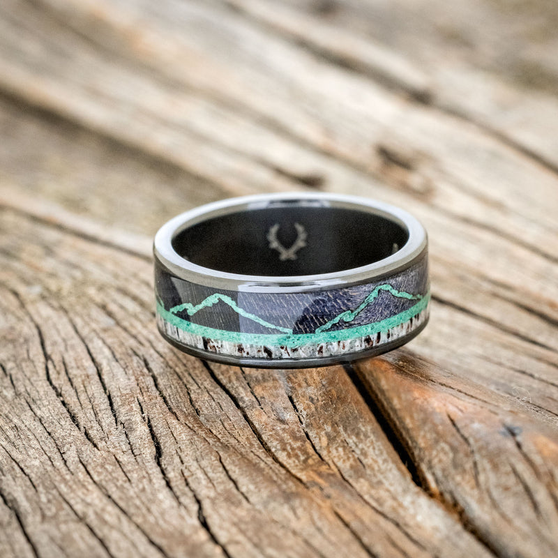 "THE EXPEDITION" - MOUNTAIN ENGRAVED WEDDING RING WITH DARK MAPLE, MALACHITE & ANTLER-6