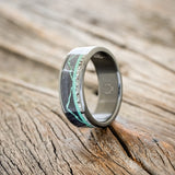 "THE EXPEDITION" - MOUNTAIN ENGRAVED WEDDING RING WITH DARK MAPLE, MALACHITE & ANTLER-4