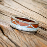 "THE EXPEDITION" - MOUNTAIN ENGRAVED WEDDING RING WITH REDWOOD, TURQUOISE & ANTLER WITH REDWOOD LINING-11