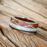 "THE EXPEDITION" - MOUNTAIN ENGRAVED WEDDING RING WITH REDWOOD, TURQUOISE & ANTLER WITH REDWOOD LINING-8