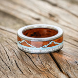 "THE EXPEDITION" - MOUNTAIN ENGRAVED WEDDING RING WITH REDWOOD, TURQUOISE & ANTLER WITH REDWOOD LINING-9