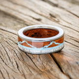 "THE EXPEDITION" - MOUNTAIN ENGRAVED WEDDING RING WITH REDWOOD, TURQUOISE & ANTLER WITH REDWOOD LINING-12