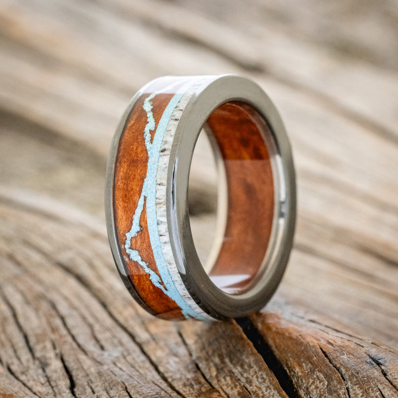 "THE EXPEDITION" - MOUNTAIN ENGRAVED WEDDING RING WITH REDWOOD, TURQUOISE & ANTLER WITH REDWOOD LINING-7