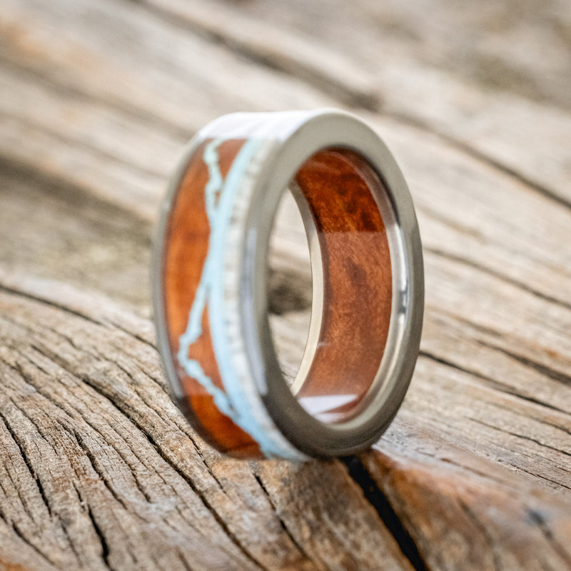 "THE EXPEDITION" - MOUNTAIN ENGRAVED WEDDING RING WITH REDWOOD, TURQUOISE & ANTLER WITH REDWOOD LINING-10