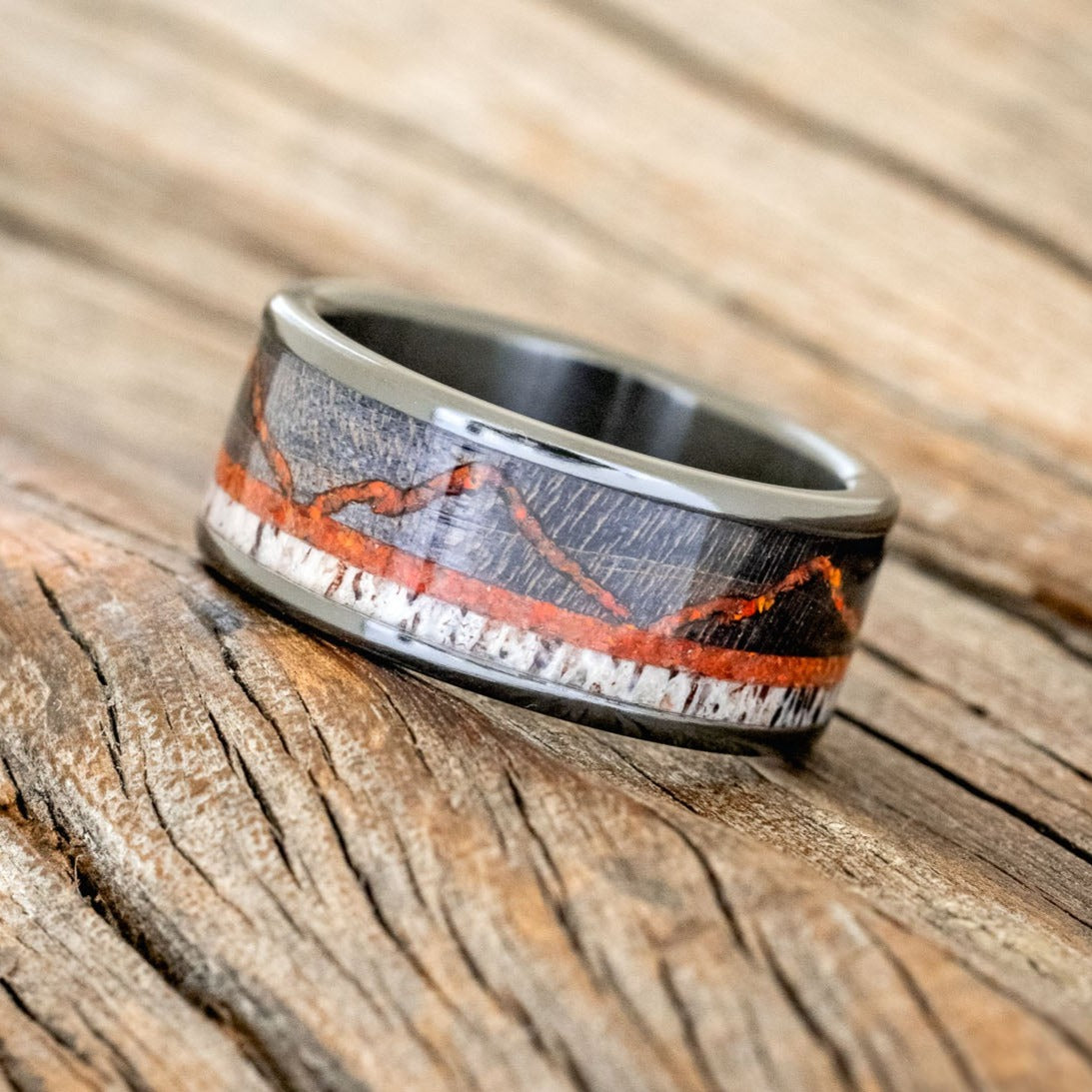 "THE EXPEDITION" - MOUNTAIN ENGRAVED WEDDING RING WITH DARK MAPLE, RED OPAL & ANTLER-1
