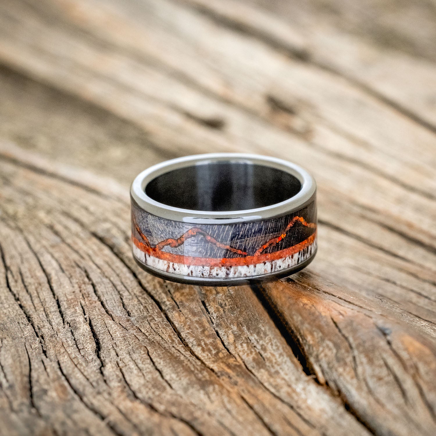 "THE EXPEDITION" - MOUNTAIN ENGRAVED WEDDING RING WITH DARK MAPLE, RED OPAL & ANTLER-3