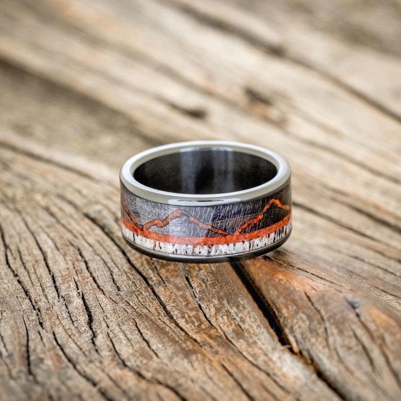 "THE EXPEDITION" - MOUNTAIN ENGRAVED WEDDING RING WITH DARK MAPLE, RED OPAL & ANTLER