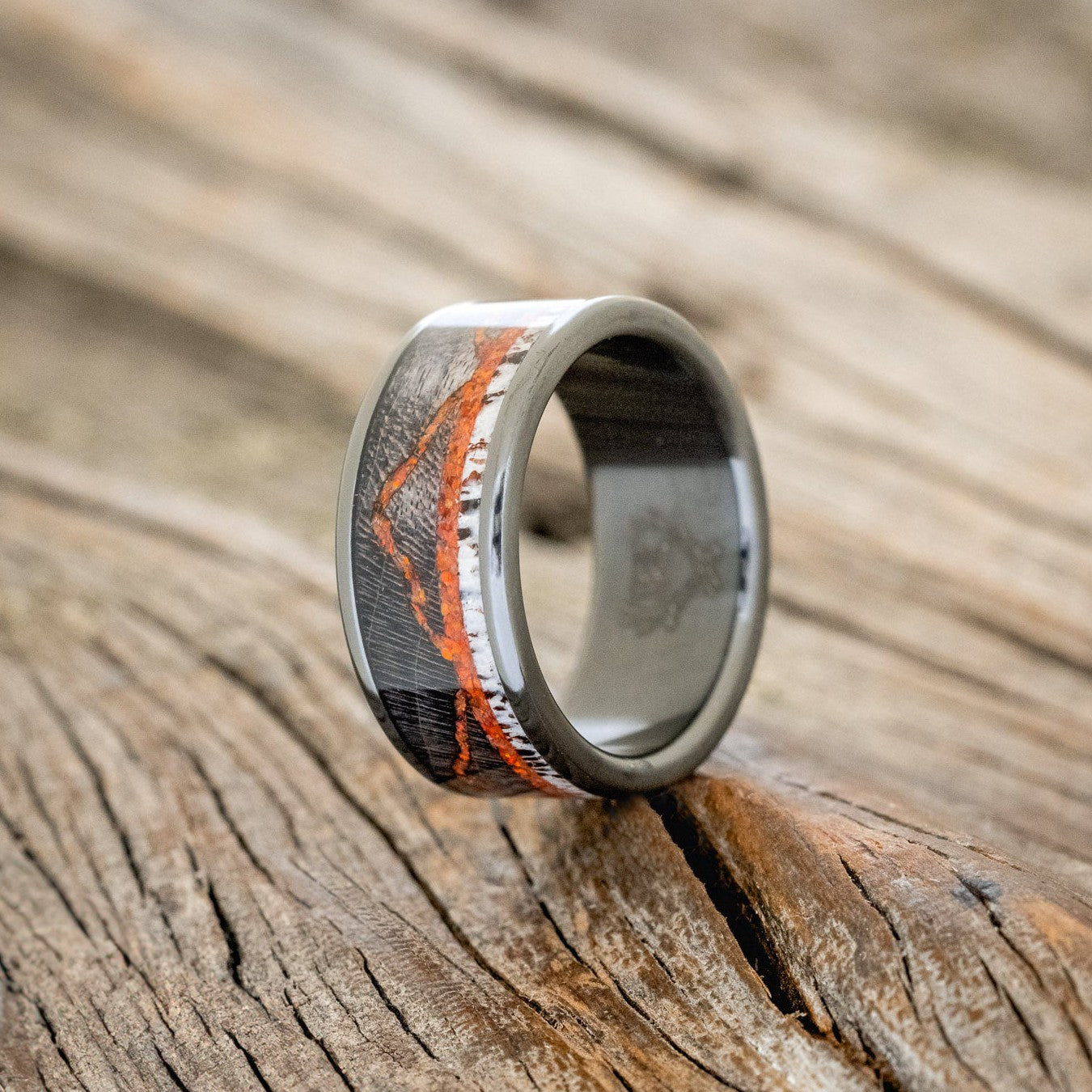 "THE EXPEDITION" - MOUNTAIN ENGRAVED WEDDING RING WITH DARK MAPLE, RED OPAL & ANTLER-2