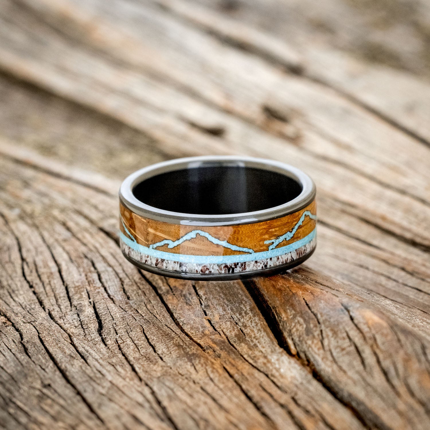 "THE EXPEDITION" - MOUNTAIN ENGRAVED WEDDING RING WITH WHISKEY BARREL OAK, TURQUOISE & ANTLER-9