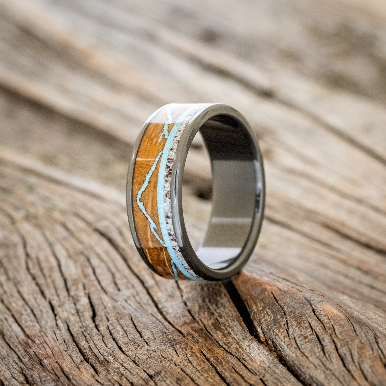 "THE EXPEDITION" - MOUNTAIN ENGRAVED WEDDING RING WITH WHISKEY BARREL OAK, TURQUOISE & ANTLER-7