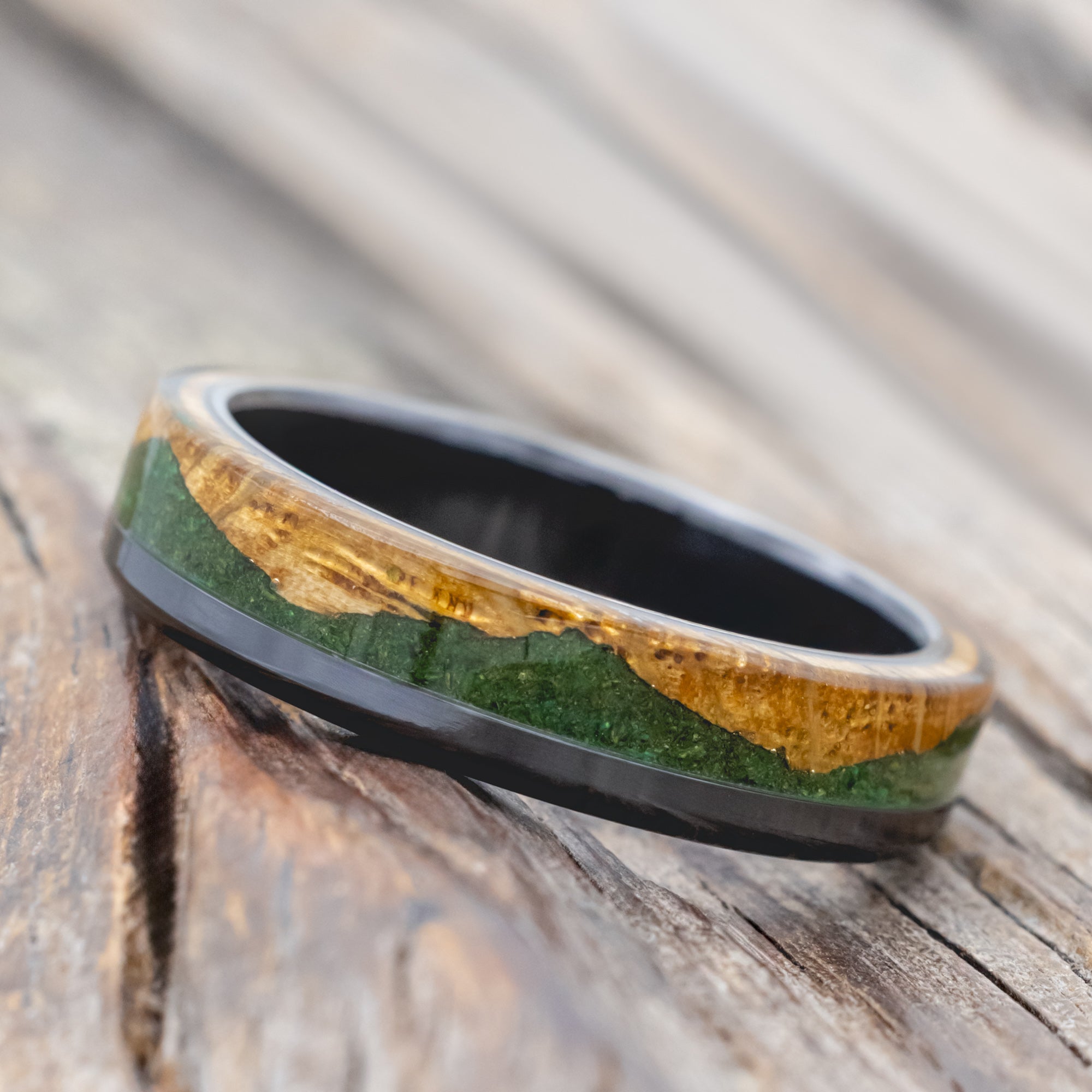 "Ezra" - Whiskey Barrel Oak With Moss Wedding Ring-Staghead Designs