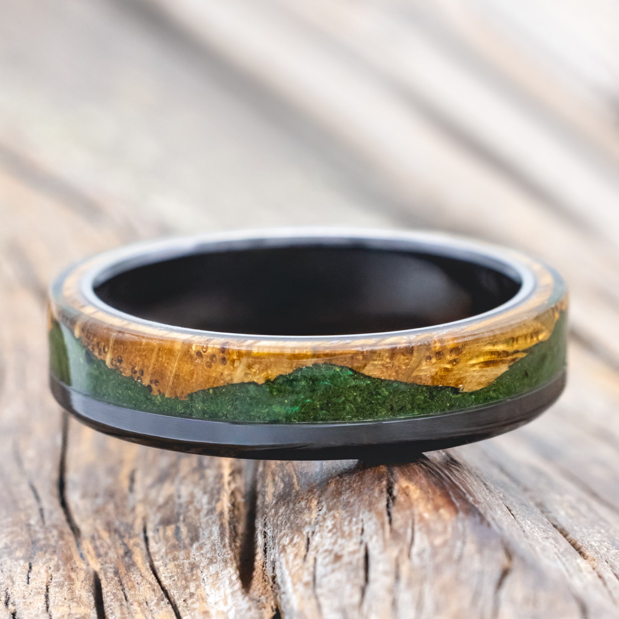 "Ezra" - Whiskey Barrel Oak With Moss Wedding Ring-Staghead Designs
