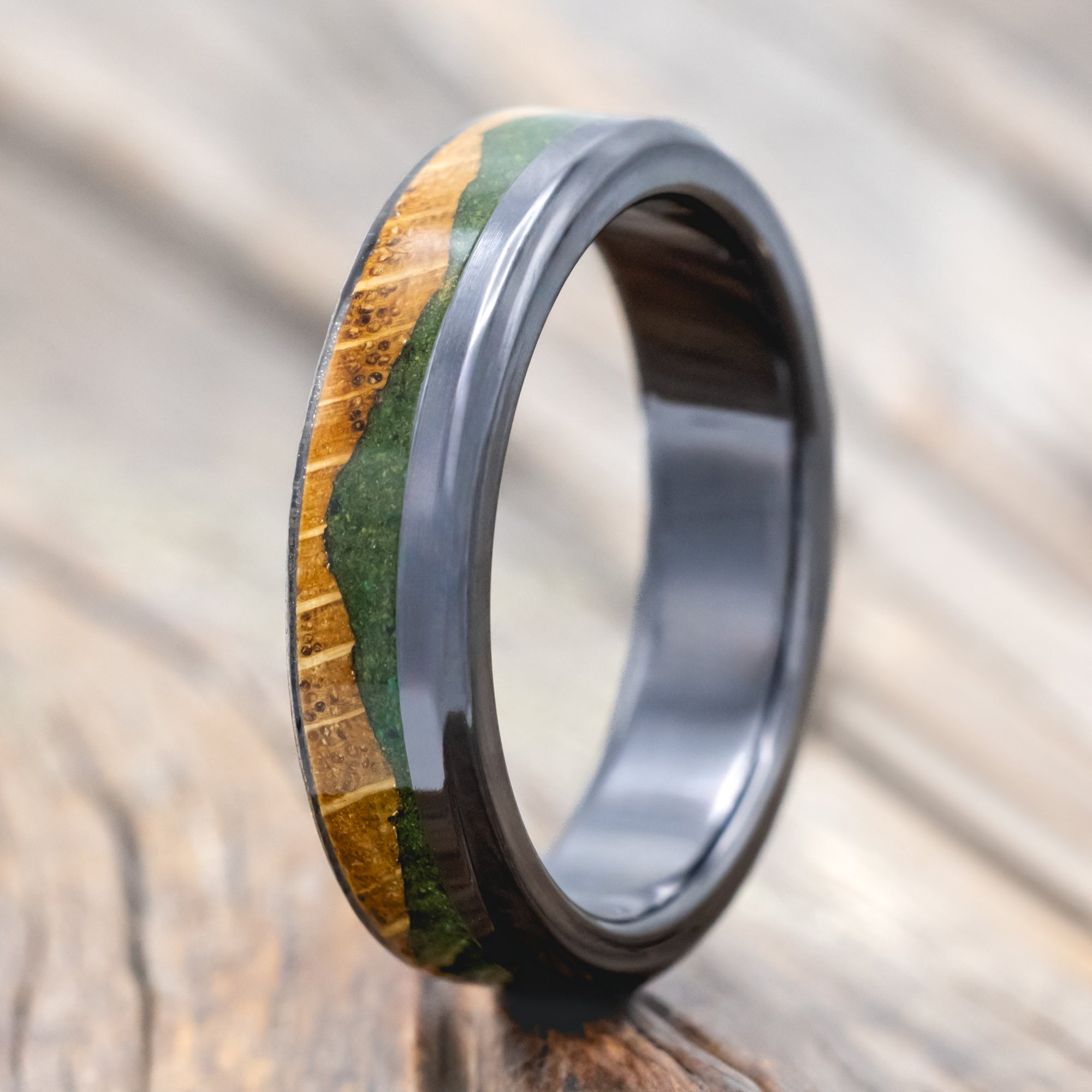 "Ezra" - Whiskey Barrel Oak With Moss Wedding Ring-Staghead Designs